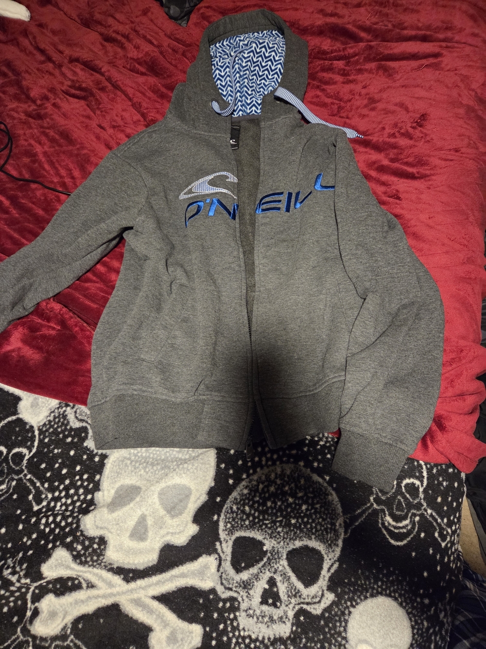 O'Neill Mens Charcoal Gray Zip Hoodie with Blue Logo